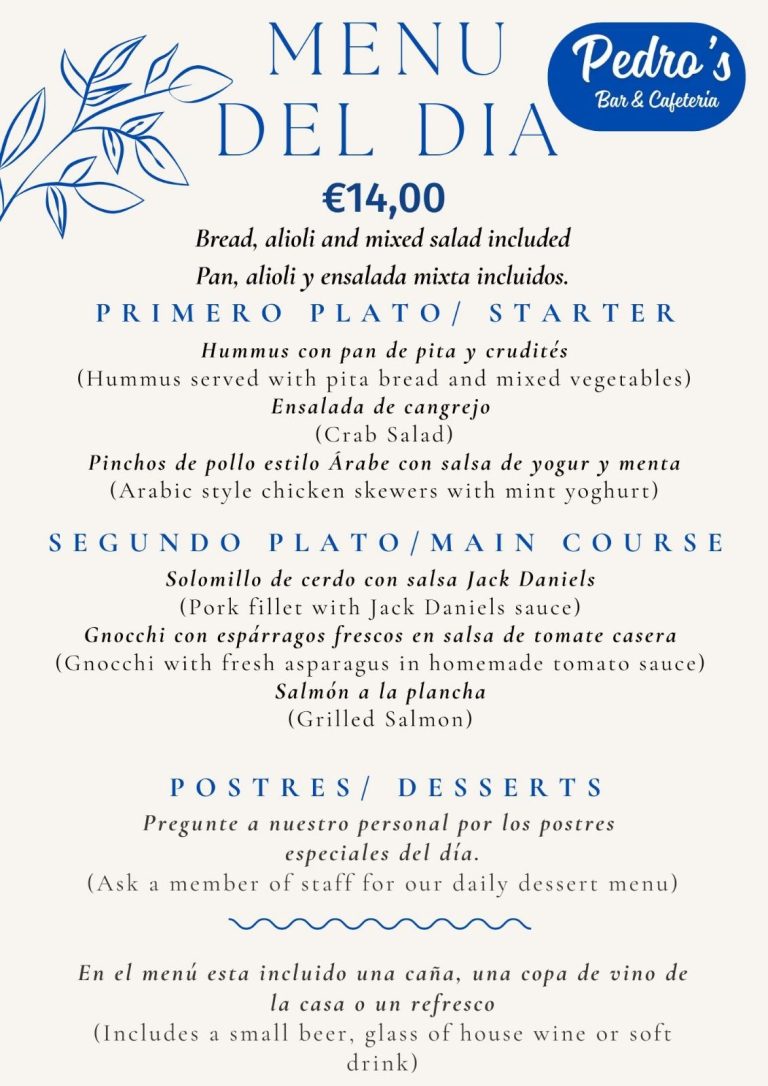 Menu del dia at Pedro's Bar and Cafeteria