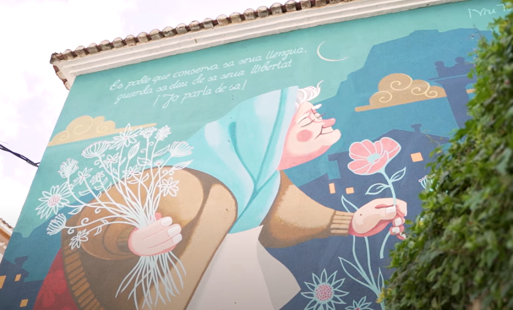 The old lady mural in the backstreets of Tarbena close up