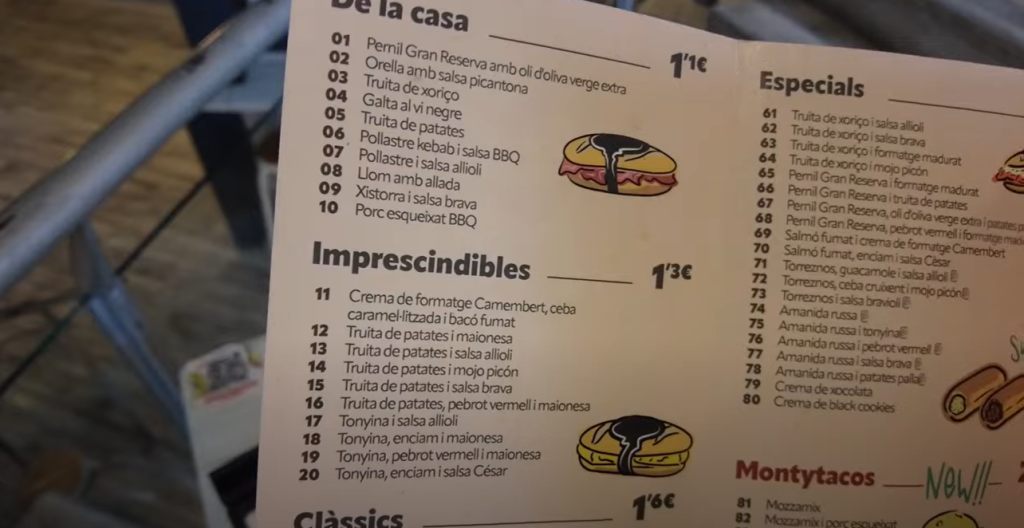 100 Montaditos  Menu Barcelona