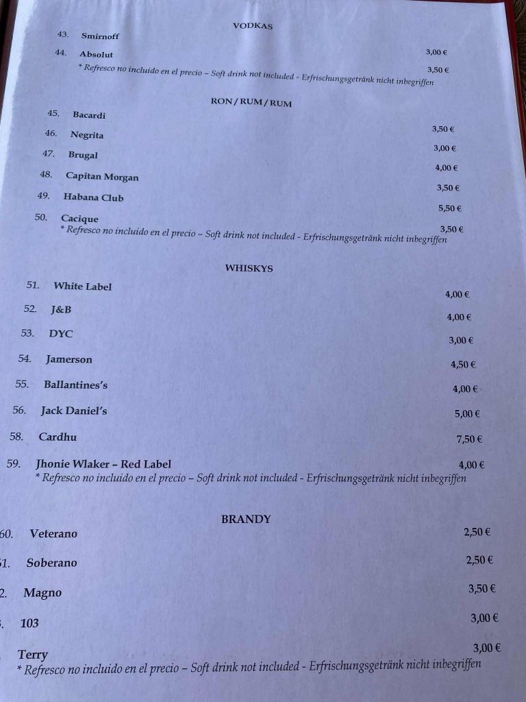 Restaurante El Capitán La Marina 8 Rum, Whisky and Brandy Prices