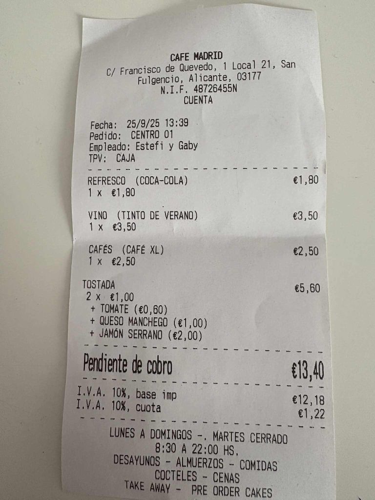Cafe Madrid In La Marina 5 Receipt