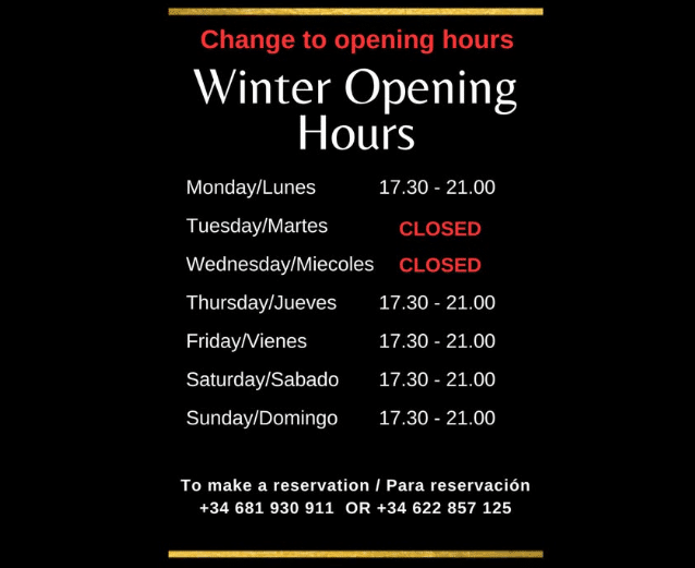 Bellissimo Restaurant • Gourmet Pizzeria • Lounge Bar Winter Hours
