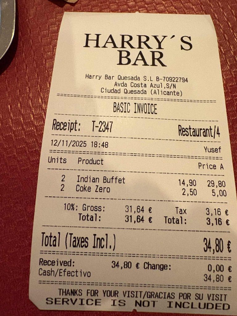 Receipt from Harrys Bar Quesada
