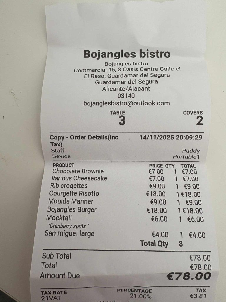 Bojangles bistro receipt