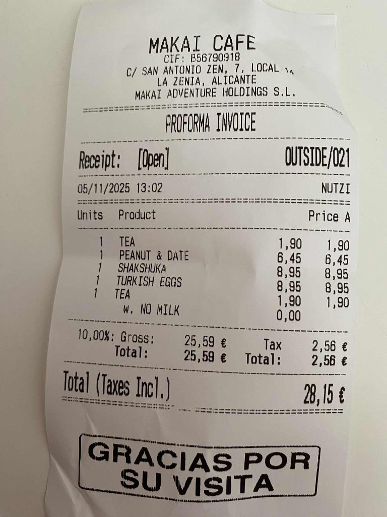 Makai Cafe La Zenia receipt