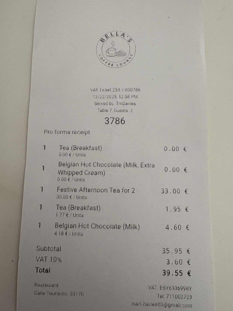 Receipt from Bellas Coffee Lounge Quesada