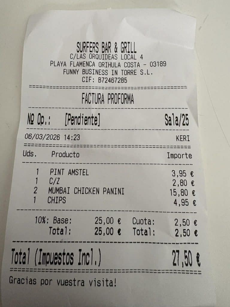 Surfers Bar & Grill Lunch With A View 5 Surfers receipt