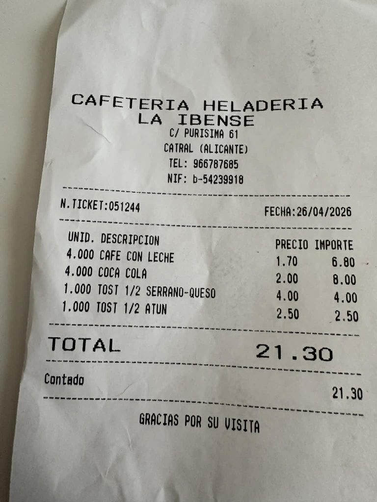 Receipt from Cafeteria Heladeria La Ibense