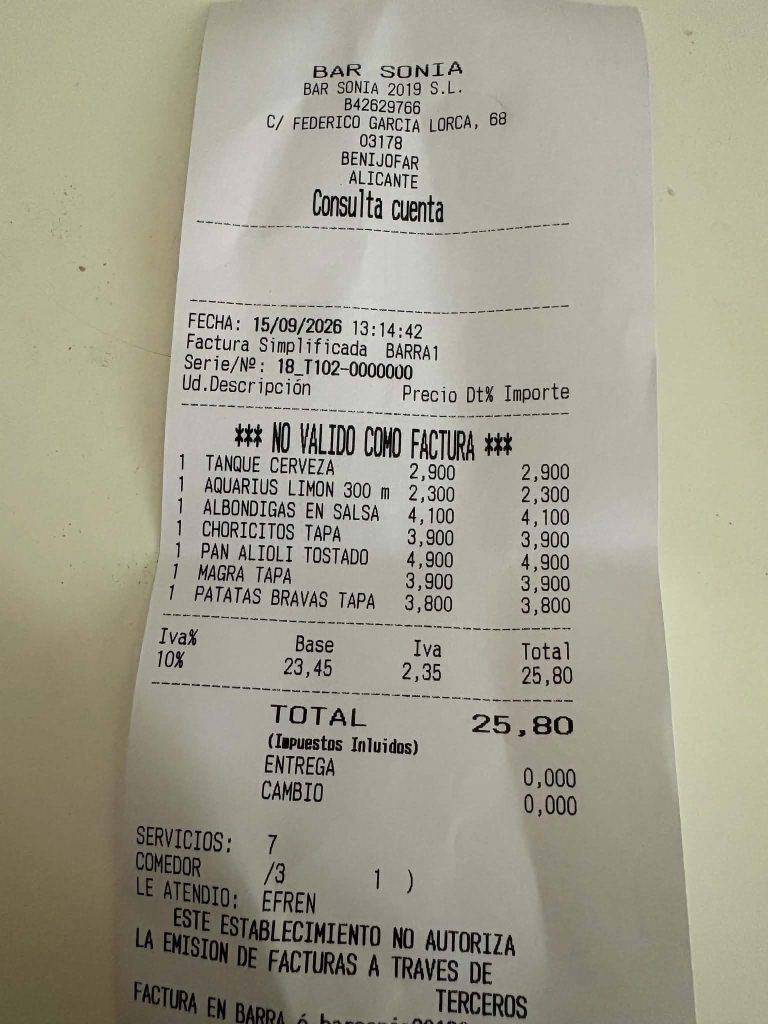 The Best Tapas In Benijofar receipt